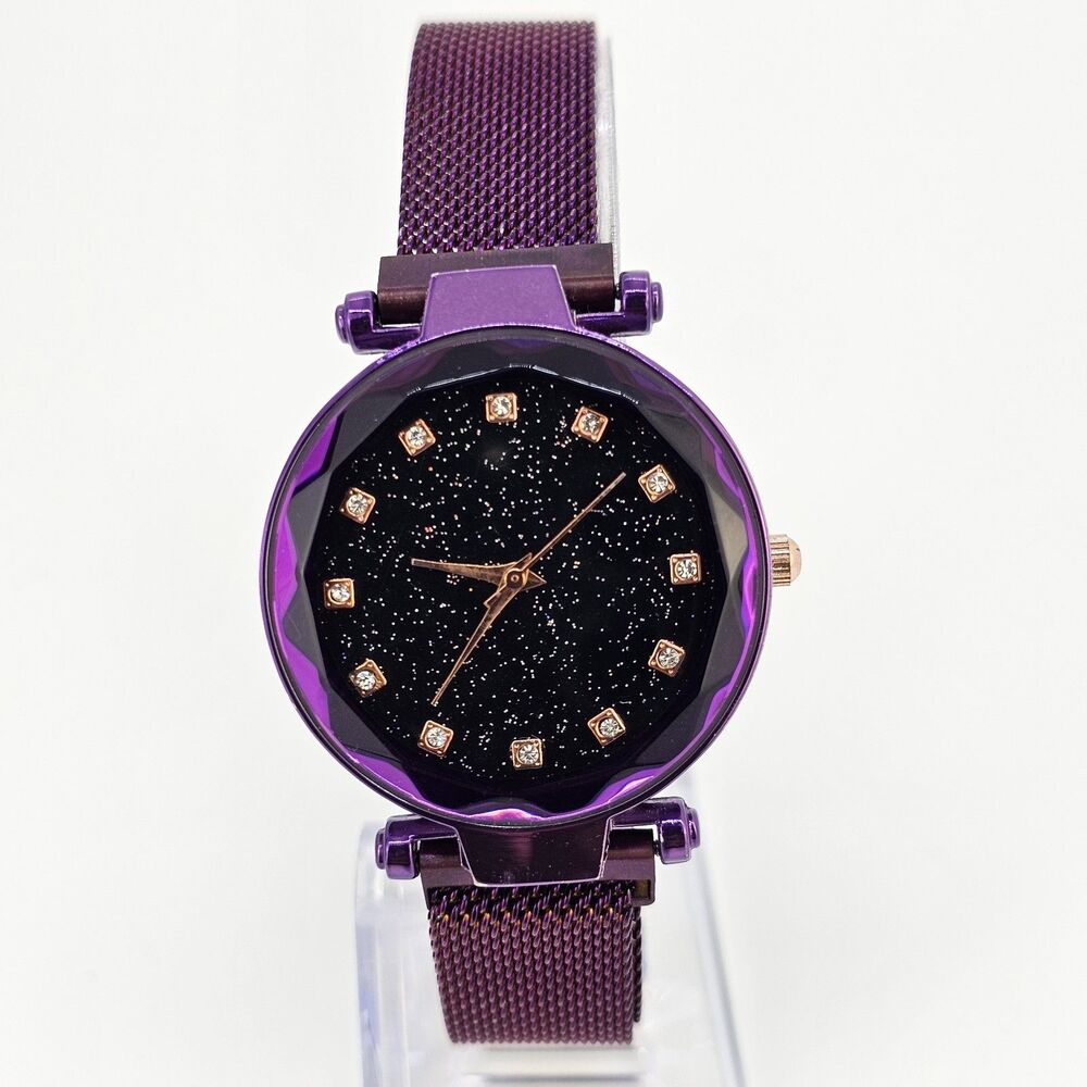 34MM Women's Watch Black Glitter Dial‎ Purple Mesh Band Up to 9" New Battery
